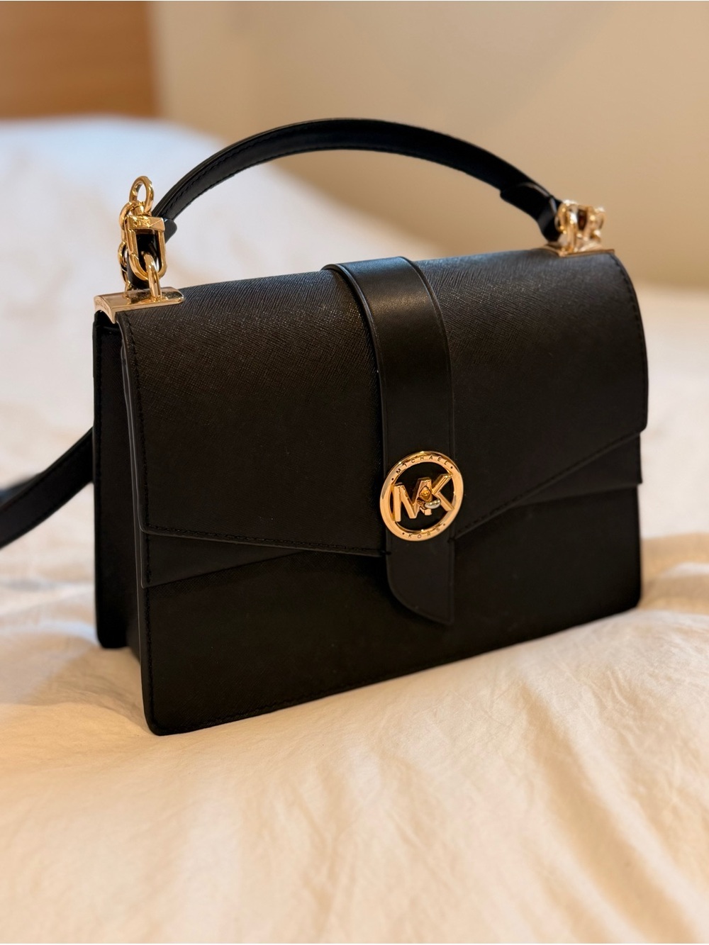 Michael Kors Black Leather Satchel with Gold Logo